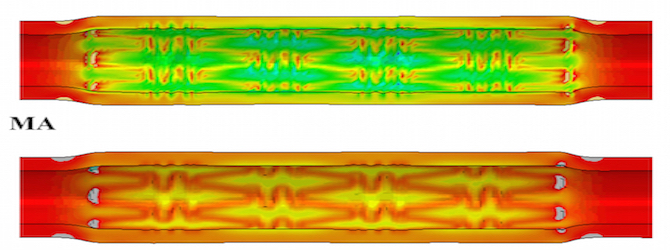 When we simulate the deployment of a stent in an artery, the predictions from the code ABAQUS (top) are widely different from those of a similar model where anisotropy is properly implemented (bottom).