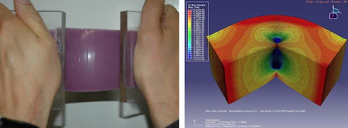 When a block of silicone is bent severely, tiny creases appear on its surface (left). However, a simple computer simulation predicts the formation of a single, unphysical, large indenting fold (right).
